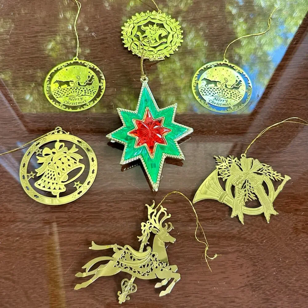 Lot of 7 Vintage Brass-Tone Cutout Christmas Ornaments